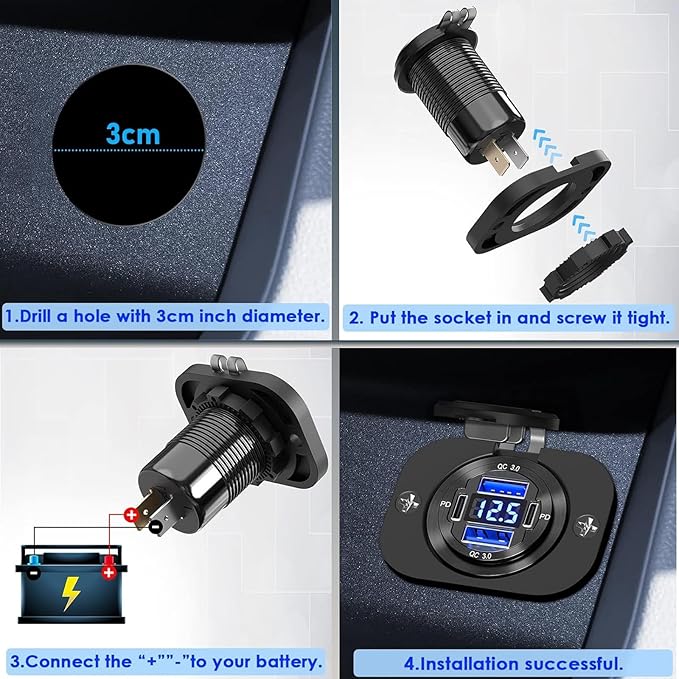12V USB Outlet 78W Metal Car Charger Socket Dual 30W PD Dual 18W QC3.0 with Voltmeter Aluminum 12V Power Outlet Car USB Port Adapter for Car Truck Golf RV Marine