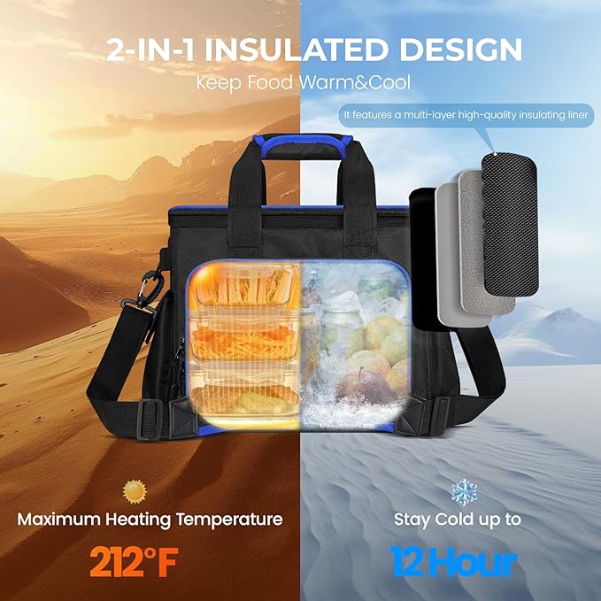 Insulated Lunch Bag, Electric Heated Casserole Carrier for Hot or Cold Food, Portable Food Delivery Cooler Bag keep Food Warm for Travel/Catering/Car/Shopping