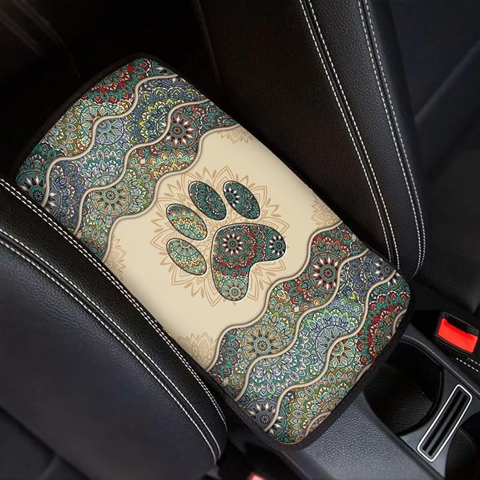 UNICEU Aztec Dog Paw Print Car Decorative Armrest Cover Pad Soft Car Center Console Armrest Covers Universal Fit Trucks SUV Van