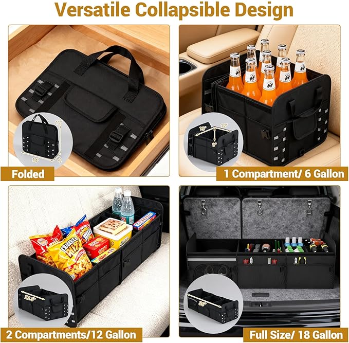 18 Gal Car Trunk Organizer with Lid, 3-Compartment Portable Storage Box with Leakproof Cooler Bag, Shoe Storage, Dividers & Adjustable Securing Straps, Collapsible Trunk Organizer for SUV,