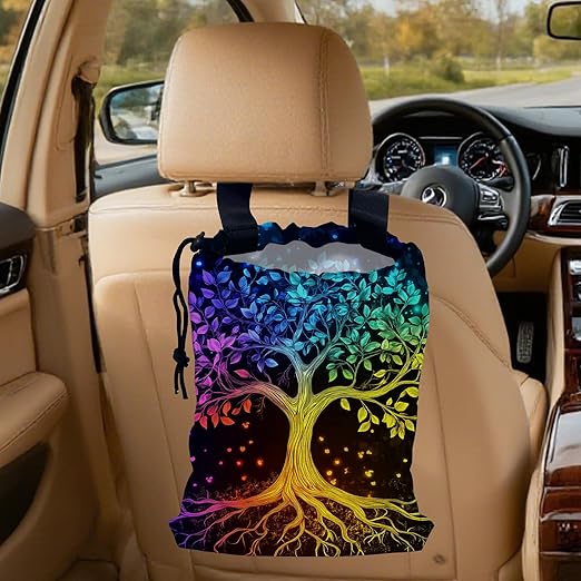 Multicolor Tree Car Garbage Bag, Small Car Trash Bag Hanging Back of Seat,Drawstring Car Trash Bag with Adjustable Buckle,Car Accessories for Camping Travelling