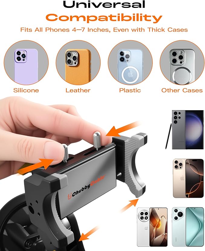 chubbycable ChubbyGrip Car Phone Holder 360° Adjustable Cell Phone Car Mount Ultra-Durable Metal Car Phone Mount for Windshield, Suction Cup Phone Mount for iPhone Samsung All Smartphone, Clamp