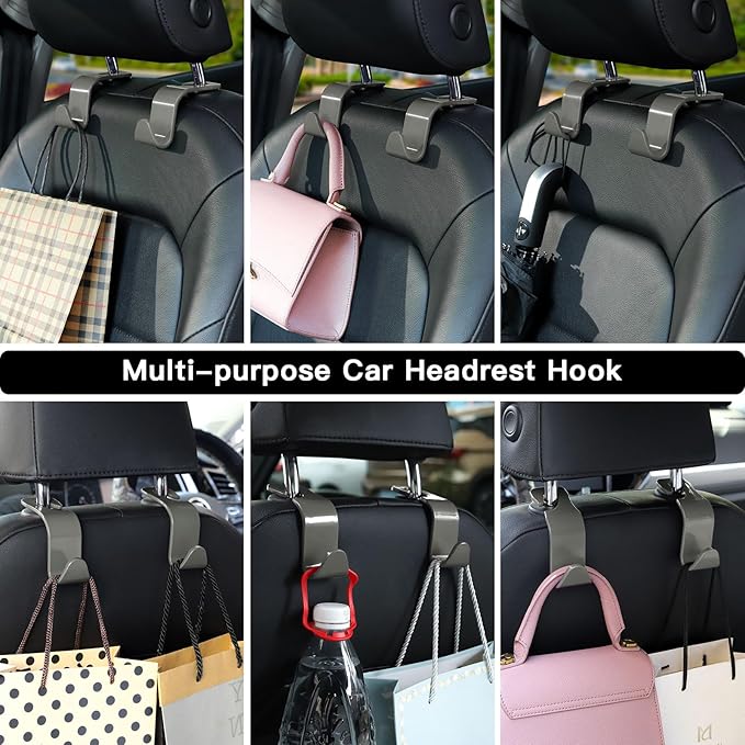 Soleebee 4 Pack Car Headrest Hooks - Universal Auto Hooks, Back Seat Hangers, Storage Organizer (Grey)