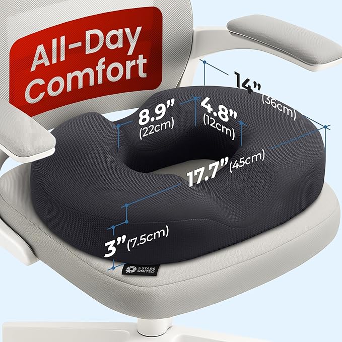 5 STARS UNITED Donut Pillow Hemorrhoid Tailbone Cushion – Large Floor Cushion for Pain Relief – Coccyx, Prostate, Sciatica, Pelvic Floor, Pressure Sores, Pregnancy, Postpartum Recovery, Black