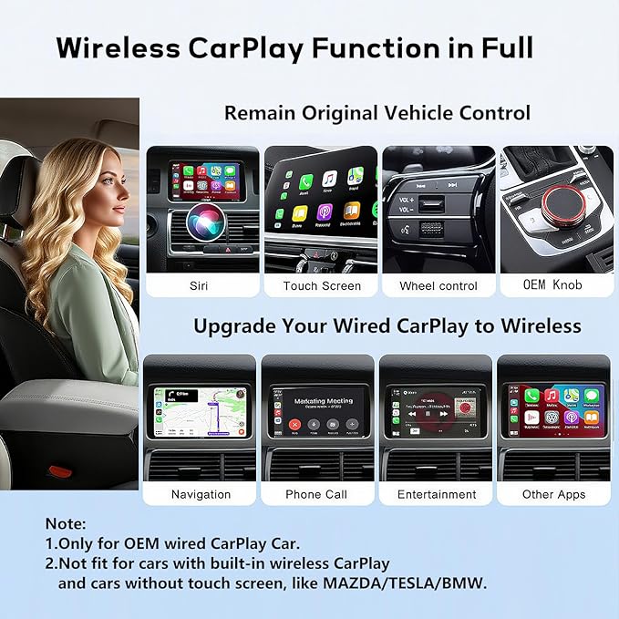 Wireless CarPlay Adapter with Screen Mirroring for Any Apps (YouTube/N-etflix/TikTok) from Phone to in-Vehicle Infotainment Display Screen,Convert Factory Wired CarPlay to Wireless