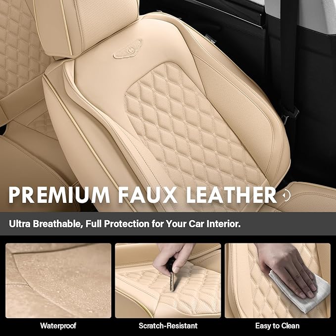 Coverado Full Set Leather Car Seat Covers, Waterproof Faux Leather Seat Covers, Beige Car Seat Protectors, 5 Seats, Universal Fit for Most Cars & SUVs-Beige