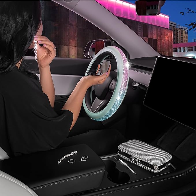 Carbella Mint Green Diamond Bling Steering Wheel Cover, Standard 15 Inch Size Fits Most Vehicles, Cute Faux Leather Car Steering Cover with Rhinestone Crystal, Car Accessories for Women