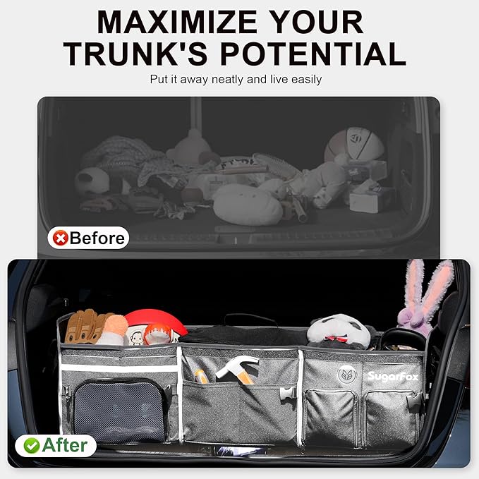 SugarFox Bold Color Block Trunk Organizer | 95L, 35"x13.8"x11.8" | Dedicated Shoe Storage & 26L Ice Pack | Foldable for SUV/Car/Jeep | Car Accessories for Men & Women - Gray-X212