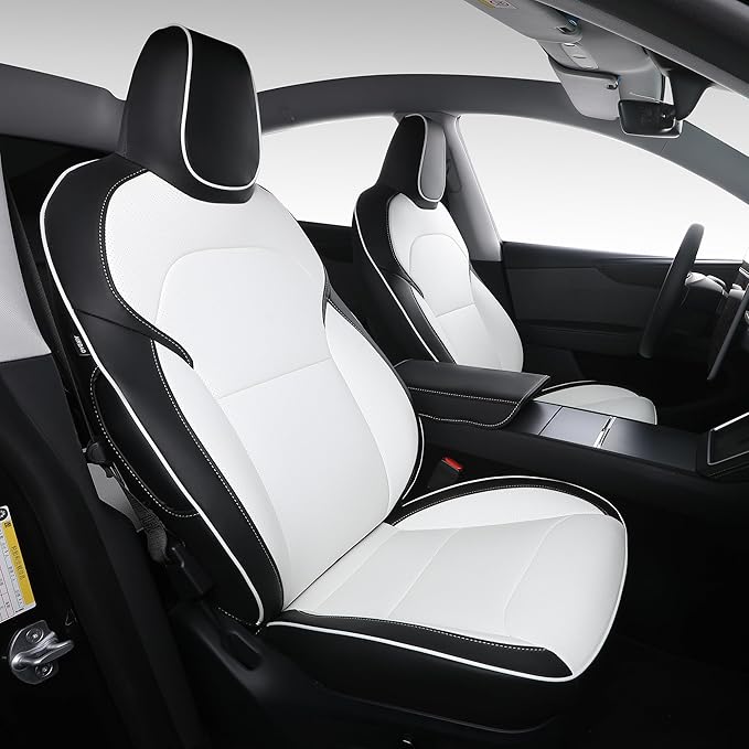 Custom Fit Seat Covers for 2025 2026 Tesla Model Y Juniper (5-Seater) - Ventilated Seats & Rear Screen Compatible - Nappa Leather Full Set Car Seat Protectors (Black+ White, Model Y 2025)