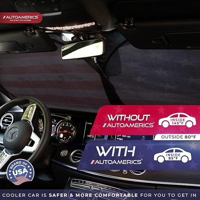 Autoamerics 1-Piece Windshield Sun Shade Grunge American Flag - 2 USA Design - Foldable Car Front Window Sunshade for Most Sedans SUV Truck - Blocks Max UV Rays and Keeps Your Vehicle Cool - Medium