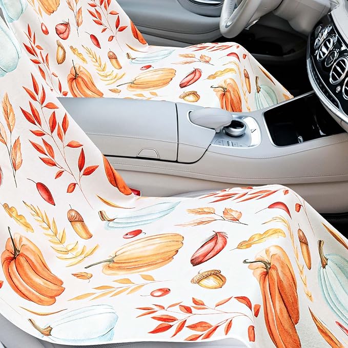 2 Pack Car Seat Towel Covers with Storage Bag 63 x 32 Inch Athletic Running Towel Seat Sweat Washable Non Slip Cover Gift for Car Outdoor Sport Activities (Pumpkin Pine Cones)