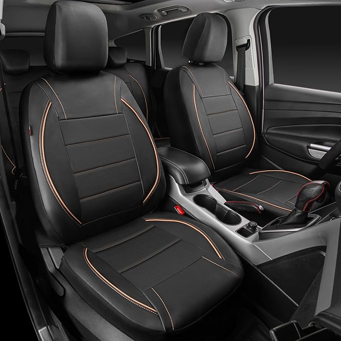 CAR PASS Universal FIT Piping Leather Car Seat Cover, for suvs,Van,Trucks,Airbag Compatible,Inside Zipper Design and Reserved Opening Holes (Full Set, Black and Beige)