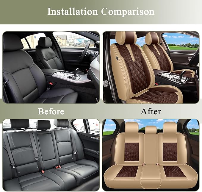 Breathable Car Seat Covers for Mazda 3 2019 2018 2017 2016 2015 2014 2013 2012 2011 2010 2009 2008 2007, Perforated Leather Full Set 5 Seats, for Mazda 3 Accessories (Beige&Brown)
