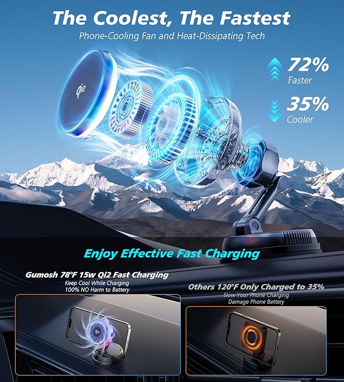 for Qi2 15W MagSafe Car Mount Charger with Cooling Fan, [Rapid Charging Cooler with RGB Lights], 78+LBS Stronger Suction Wireless Magnetic Mount on Vent/Dash/Windshield, for iPhone 17 16 15 14 13 12
