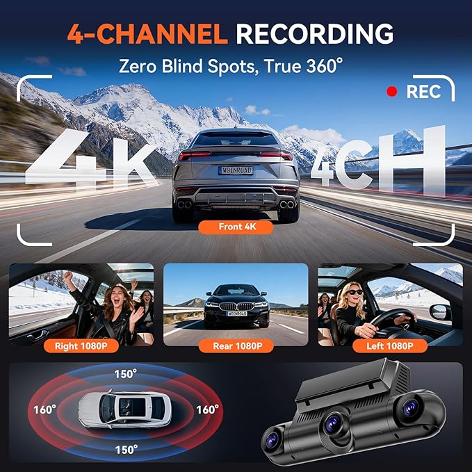 4K+3x1080P 4 Channel Dash Cam, 360° All-Around View Dash Camera for Cars, Free 128GB Card Included, Built-in GPS, 2.4GHz Wi-Fi & App, 8 IR Night Vision, G-Sensor, 24H Parking Mode(Supports 256GB Max)