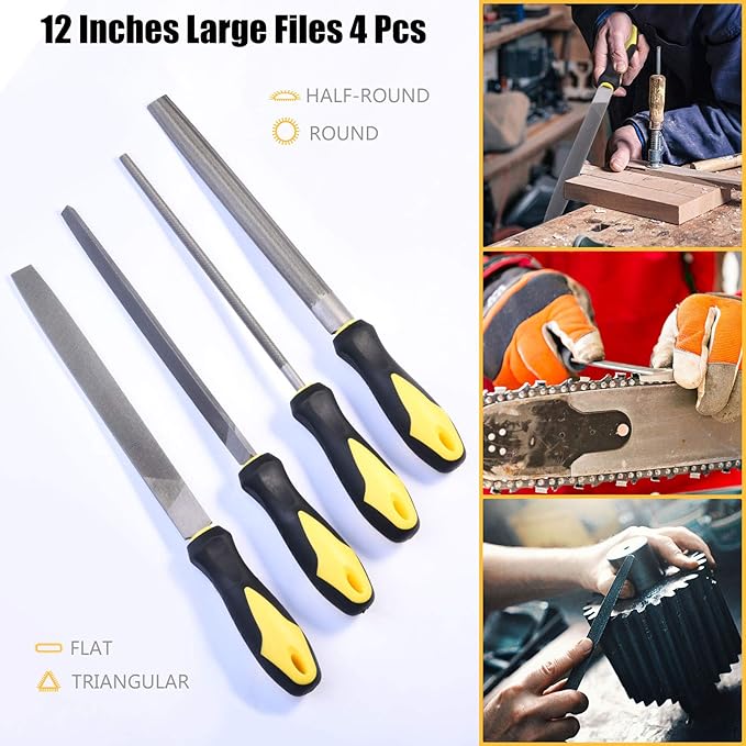 Metal File Set, Large Flat File/Half-Round File/Triangle File/Round File and 12 pcs Needle Files with Storage Bag and Steel Brush for Woodwork, Metal, Leather and Plastic
