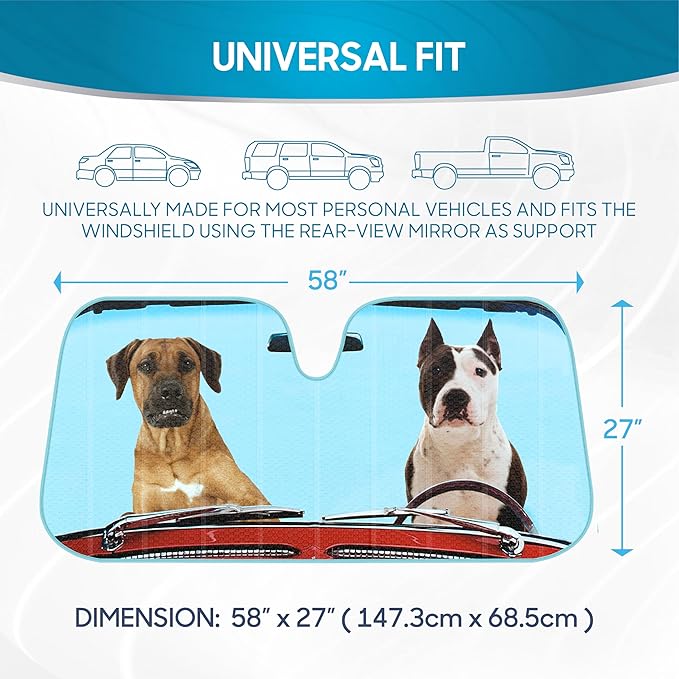 2 Dogs Driving Front Windshield Sun Shade - Accordion Folding Auto Sunshade for Car Truck SUV - Blocks UV Rays Sun Visor Protector - Keeps Your Vehicle Cool - 58 x 28 Inch