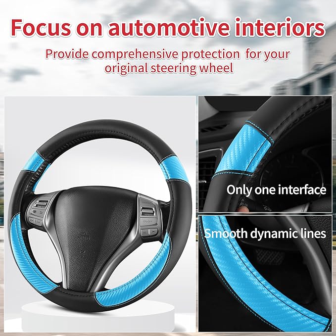 Non-Slip Car Nappa Leather Steering Wheel Cover,Universal Car Accessories Women Men Fit 14" 1/2-15" Suvs/Vans/Sedans/Cars/Trucks,Light Blue