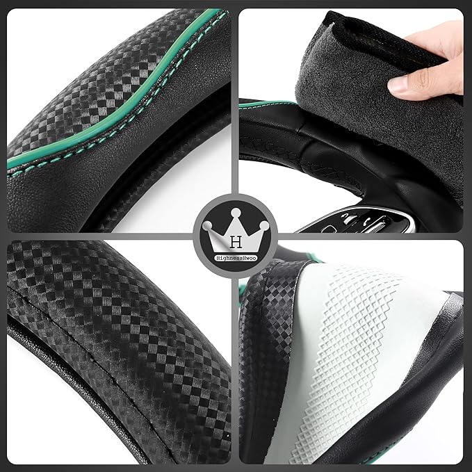 3D Car Steering Wheel Cover Comfort Grip Massage Sporty Anti-Slip Carbon Fiber Faux Leather for Sedan SUV, Universal Fit, Car Handle Covers for All Seasons, 14.75-15.15in, Green