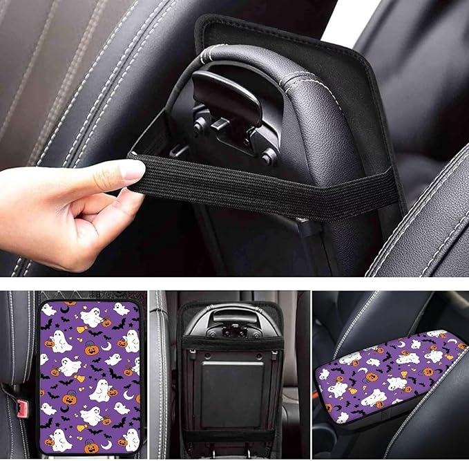 Ghost Bat Pumpkins Console Center Armrest Lid Cover Protector Car Armrest Storage Box Mat Interior Accessories for Most Vehicle, SUV