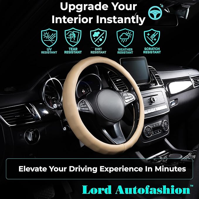 Lord Autofashion Steering Wheel Cover – PU Leather, Non-Slip Rubber Inner, All-Season Comfort – 14.5–15 Inch (Beige 8399)