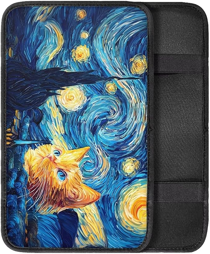 Car Center Console Pad for Women Men, Universal Oil Painting Starry Sky Cat Auto Armrest Box Protector for Most Cars SUV Trucks Vans