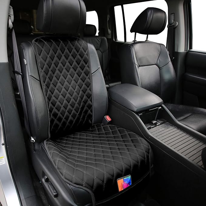 FH Group Car Seat Cushion – Faux Leather Single Front Seat Cover with Front Pockets, Airbag Compatible, Universal Fit Car Seat Cushion for Driver or Passenger Seat, SUV, Truck, Sedan & Van – Black