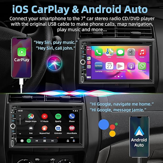 Double Din car Stereo with CD/DVD Player- CarPlay & Android Auto, Car Audio with Bluetooth, 7 Inch HD Touchscreen, Rear Camera, USB/TF/AUX, Subwoofer, AM/FM Radio Receiver