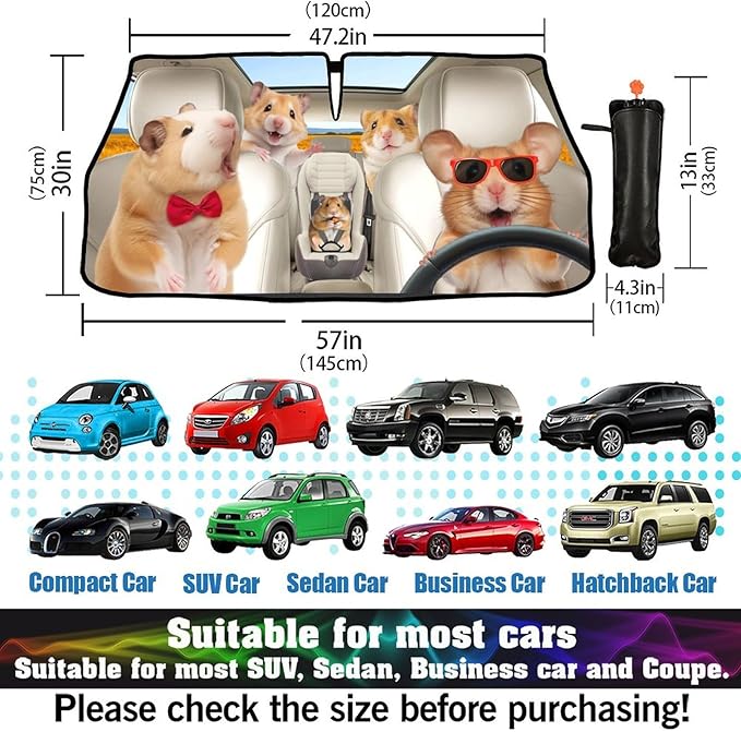 CHILLTEK Funny Animal Car Windshield Sun Shade, Cute Hamster Car Sun Shade, Block UV Rays Heat Foldable Windshield Umbrella Sun Visor Protector - Keep Vehicle Cool for Cars SUV