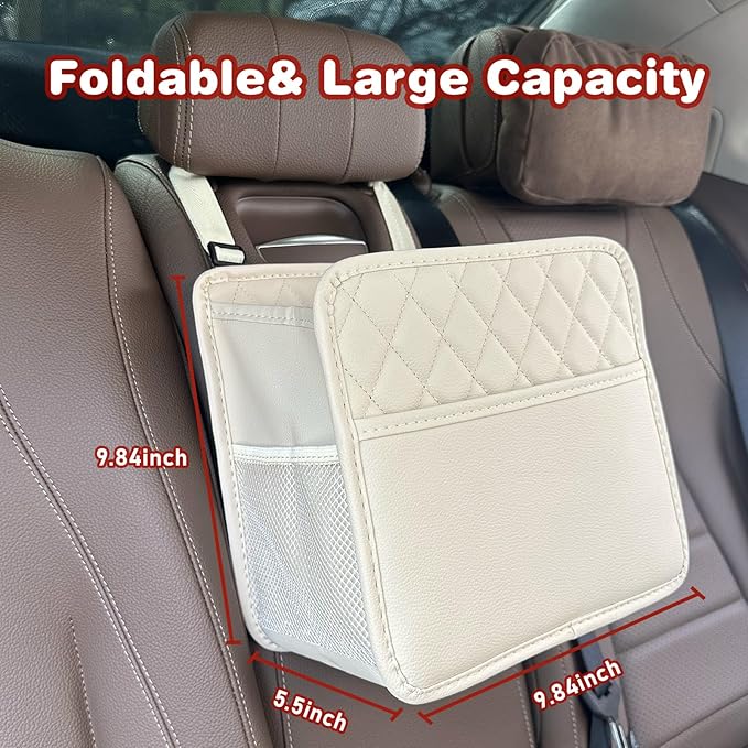 Witaxima Upgrade Car Seat Organizer Backseat with Storage Pockets, Multipurpose Car Organizer Hanging, Car Trash Bag Can,Premium PU Leather Garbage Can 2.14 Gallon Large Capacity Accessories Beige