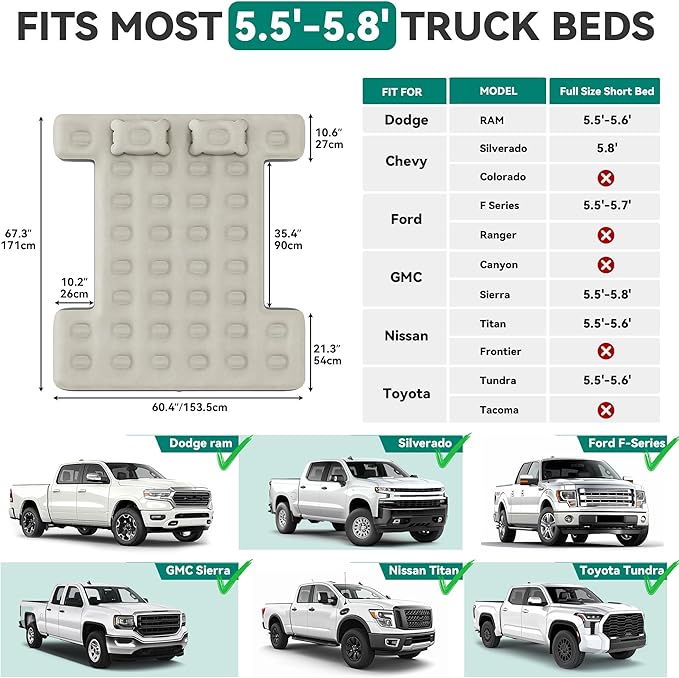 YITAHOME Truck Bed Air Mattress for 5.5-5.8 ft Full-Size Short Truck Beds, Inflatable Car Mattress Bed with Pump, Pillows, Carry Bag & Repair Kit for Outdoor, Travel, Camping (Black&Gray)