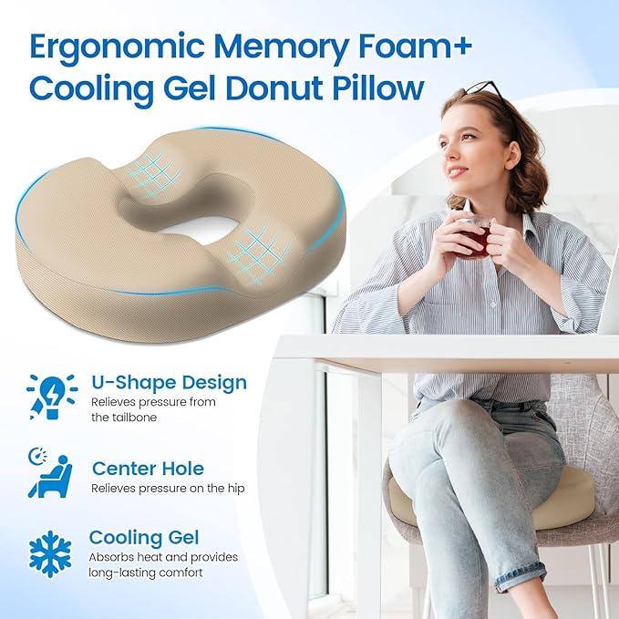 Donut Pillow Seat Cushion - Cooling Gel Outdoor Chair Cushions, Memory Foam Seat Cushion for Office & Home, Car Seat and Patio Furniture Cushions, Hemorrhoids Pillow and Tailbone Pain Relief, Khaki