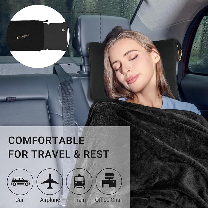 Airplane Travel Blanket with Pillow,300 GSM Soft Fleece Compact Blanket with Carry Bag,Lightweight Travel Blanket for Flights,Black