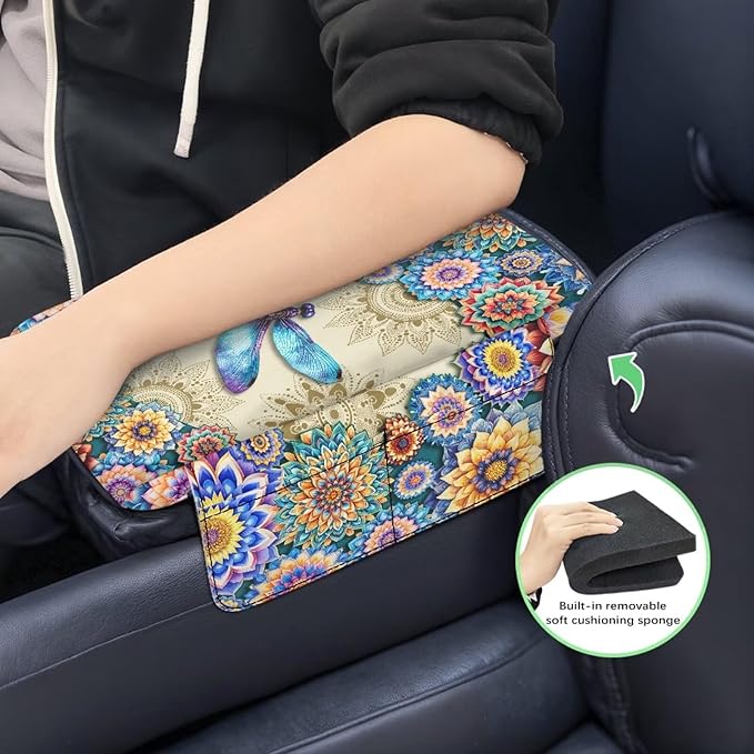 Dreaweet Boho Dragonfly Car Center Console Cover Thick Comfortable Console Console Armrest Pad Universal Arm Rest Cover for Car SUV Truck Sedan Armrest Storage Box Cover Pad