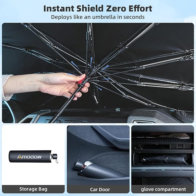 Windshield Sun Shade for Ford F150, Custom Fit 2015–2026, UPF 50+ UV Protection, Multi-Layer Heat Shield, 10-Rib Reinforced Frame, Easy Open Umbrella Design, Essential Premium Car Accessories