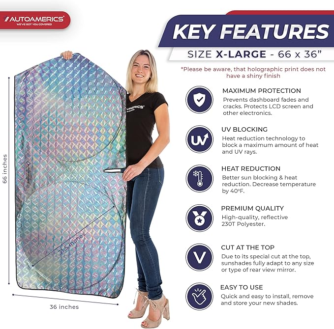 Autoamerics 1-Piece Windshield Sun Shade - Holographic Print Foldable Car Front Window Sunshade for Cars SUV Truck - Heat Blocker Visor Protector Blocks Max UV Rays and Keeps Your Vehicle Cool X-Large