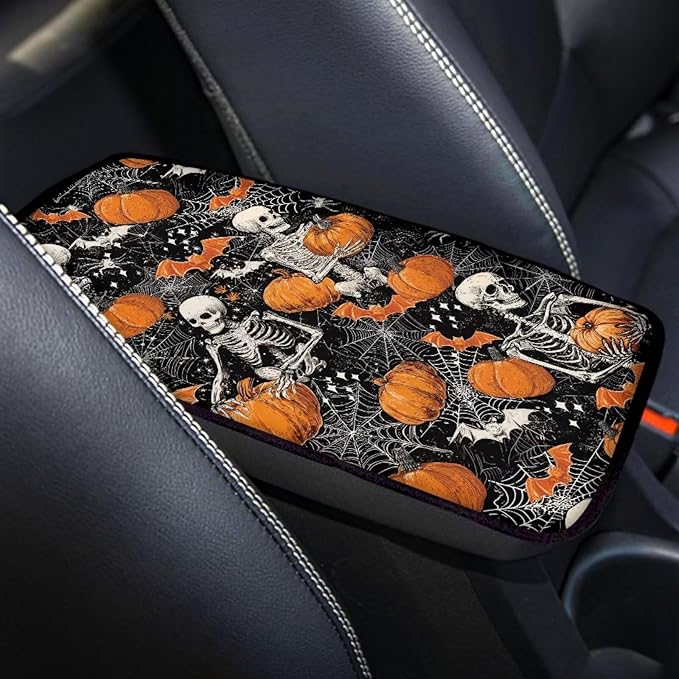 Halloween Pumpkin Skull Car Armrest Pads Car Armrest Cushion Arm Rest Covering Car Middle Console Covers Non Slip for Truck Auto SUV Car Accessories