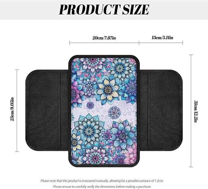 Vibrant Boho Mandala Floral Pattern Car Armrest Cover Soft Vehicle Box Cover Protector Scratch-Resistant Auto Center Console Pad Universal Fit for Most Cars Sedan Truck SUV
