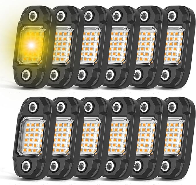 12Pods LED Rock Lights Amber 24led Chips Waterproof Neon Underglow Lighting Kit for Trucks SUV ATV Car