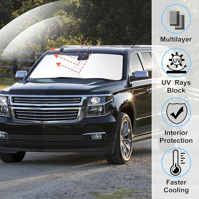 Windshield Sun Shade Custom Fit for 2015-2020 Chevrolet/Chevy Suburban Accessories Foldable Sunshade Sun Blocker Protect Car from Sun Rays & Heat Damage Keep Car Cooler