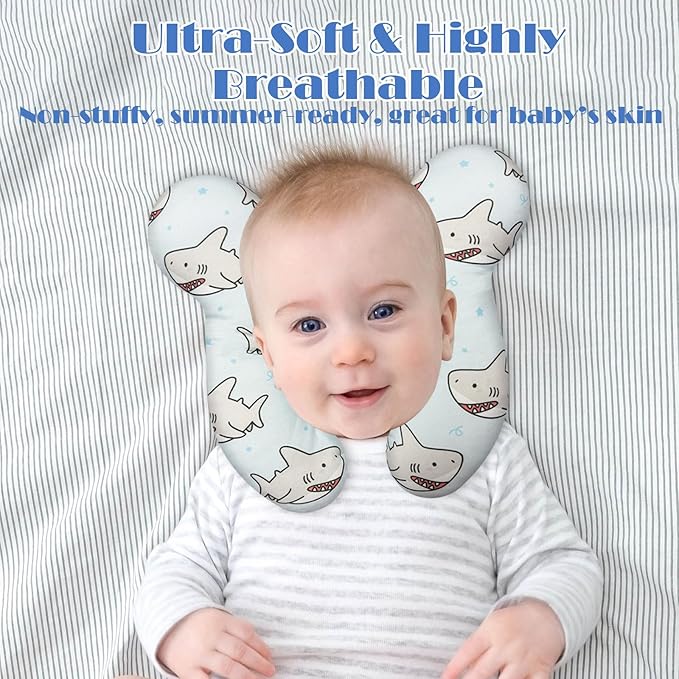 Baby Head Support Pillow for Newborn Toddler, Baby Neck Pillow Upgraded Comfortable Sleep Cushion for Car Plane Stroller Pushchair - Shark A