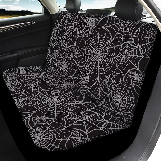 KEIAHUAN Halloween Spider Web Front and Back Car Seat Covers Front Saddle Blanket Rear Split Bench Protection Cover Fit Most Vehicle Truck,SUV (Black)
