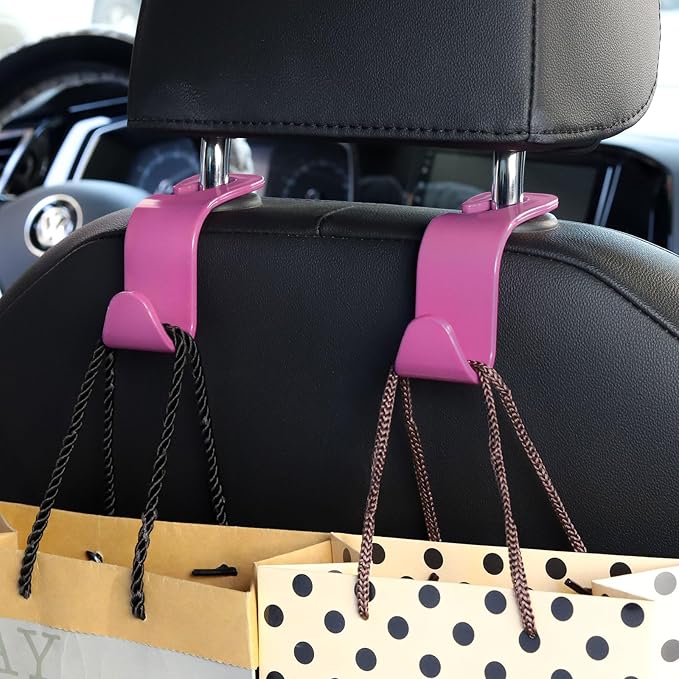 Soleebee 4 Pack Car Headrest Hooks - Universal Auto Hooks, Back Seat Hangers, Storage Organizer (Hot Pink)