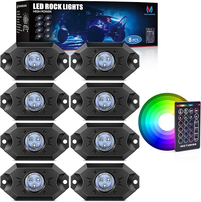 MICTUNING 2026 Upgraded RGB Rock Lights Kit, 8 Pods Underglow Multicolor Neon Light Pod with RF Remote Control Waterproof 12V for Car Trucks ATV UTV RZR SUV Golf Cart, 2 Years Warranty