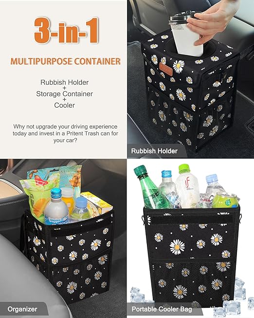 Pritent Car Trash Can with Lid, Cute Leakproof Car Trash Garbage Bag Hanging Vehicle Trash Bin Small Portable Automotive Garbage Cans Organizer for Back/Front Seat/Console(Trapezoid,Black Flower)
