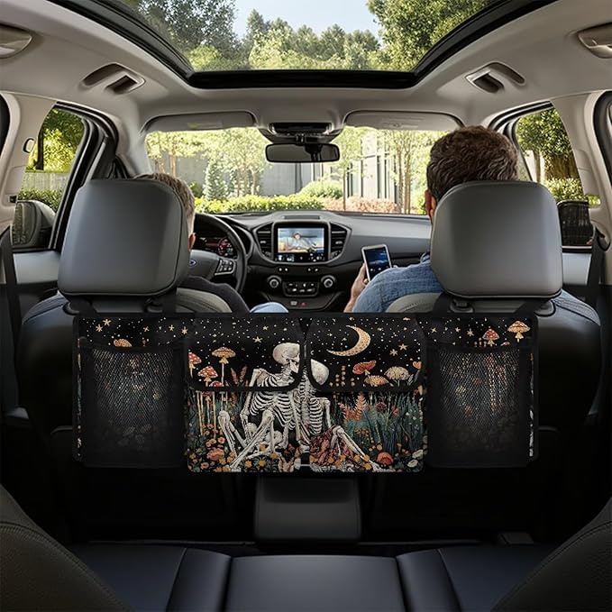 Skull Mushroom Car Trunk Organizer with 4 Pockets, Hanging Car Backseat Storage Bag with 3 Adjustable Straps, Car Interior Accessories for SUV, Truck, MPV, Van