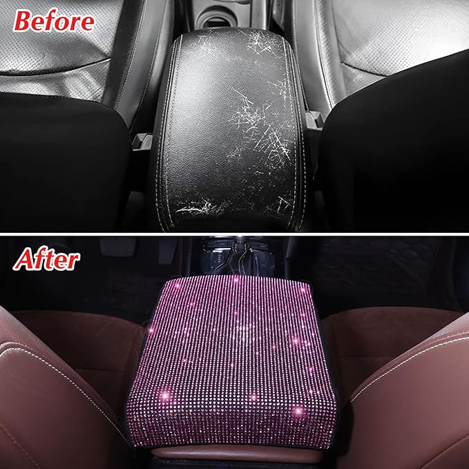 Pink Bling Car Armrest Cover with Memory Foam Cushion Pad & Rhinestones, Universal Diamond Center Console Cover for Cars, Bling Middle Console Cover, Bling Car Accessories for Women, Pink