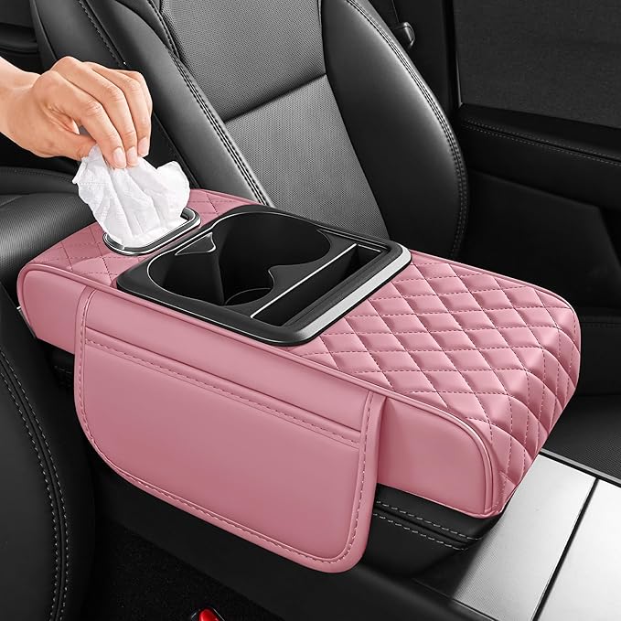 5 in 1 Car Center Console Cover, Armrest Pad with 2 Storage Pockets, Cup Holder, Tissue Box Slot, Phone Holder, Universal Car Interior Organizer (Pink)