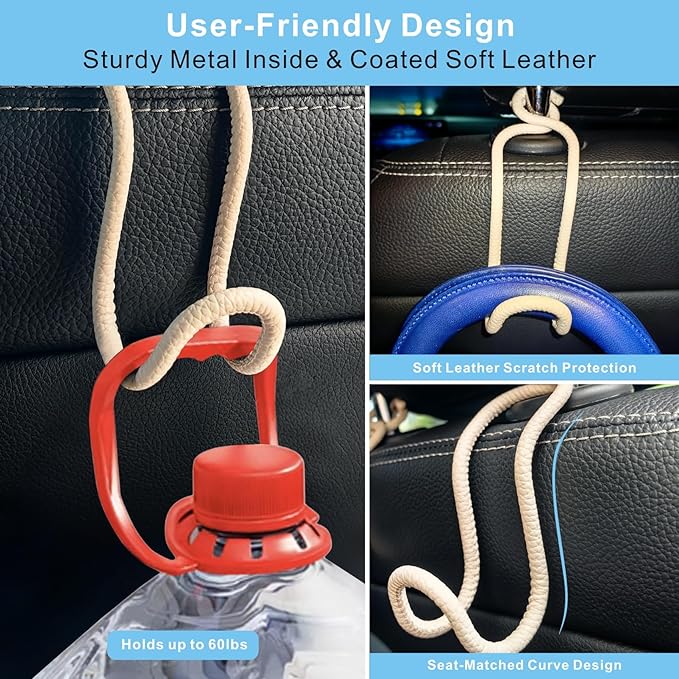 Purse Hooks for Car - 2 Pack Universal Back Seat Storage Holder with Anti-Drop Lock Loop for Vehicle Truck SUV, Car Headrest Hanger for Hat Bag Grocery Handbag Coat Must Have Stuff- Beige Leather/2L