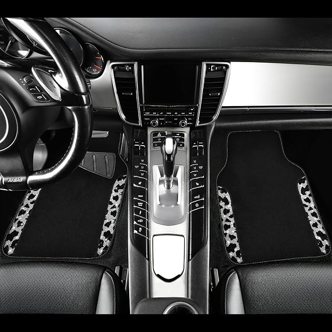 CAR PASS Bling Cow Car Mats Rhinestones Diamond Waterproof Floor Mat Crystal Sparkly Shining Glitter Carpet Anti-Slip PVC Heel Pad, Universal Fit Automotive SUV,Sedan,4pcs Girly Women, Cow Diamond